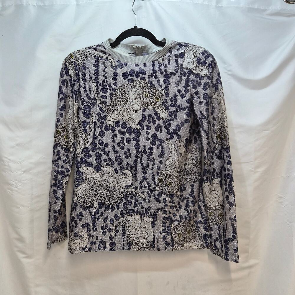 Lady Manhattan Leopard Sheer Silver Metallic Jacquard Pullover Top VTG Size 9/10